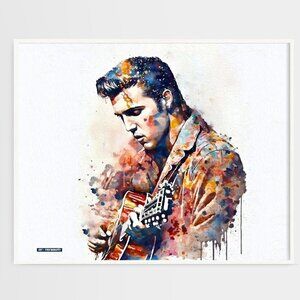 20x30 Elvis Presley Playing Guitar Watercolor Painting Rock n Roll Print